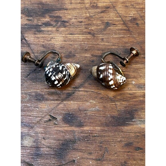 Vintage Seashell Screw-on Earrings Brown White Speckled - Picture 1 of 6